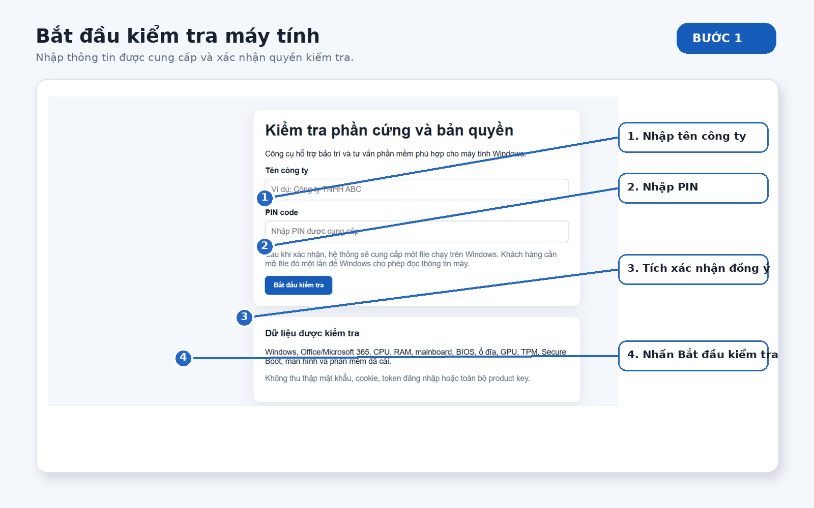 Nhập tên công ty, PIN, xác nhận quyền kiểm tra và bắt đầu